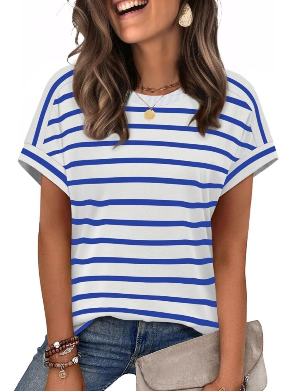 Womens Blue Stripes Summer Outfits Cloth Pull On Top Short Sleeve Casual Shirt